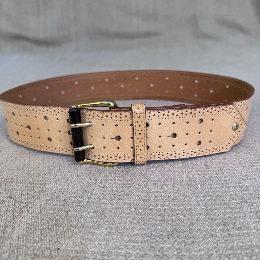 Vintage Ginnie Johansen Wide Brown Leather Belt Brass Buckle Y2K Hip Western 552